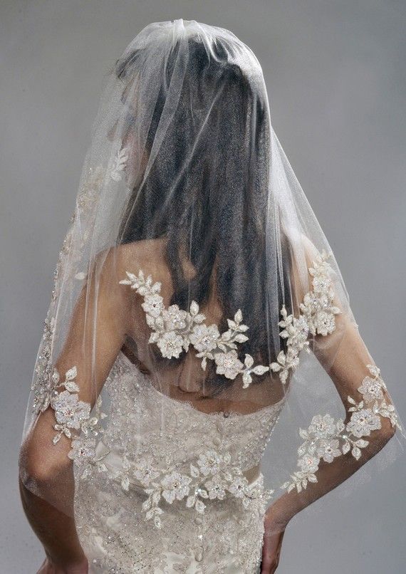 زفاف - Wedding Veil - Two Tier Veil With Gorgeous FRENCH Lace Appliques Adorned With Swarovski Crystals, Embroidery, And Sequins