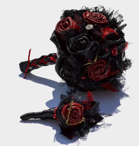 Hochzeit - Black And Red Leather Gothic Wedding Bouquet