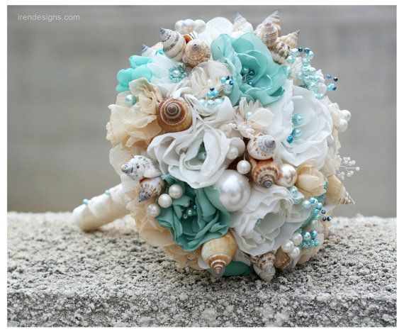 Wedding - Seashells Wedding Bouquet For Beach Wedding. Turquoise And Beige Wedding Bouquet. Beach Bouquet