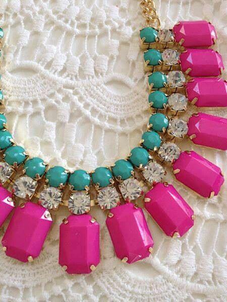 زفاف - On Sale, Hot Pink, Rhinestone Chunky Gold Chain Statement Bib Necklace