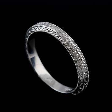 زفاف - 14K Solid White Gold Art Deco Style Engraved Milgrain Wedding Band Ring
