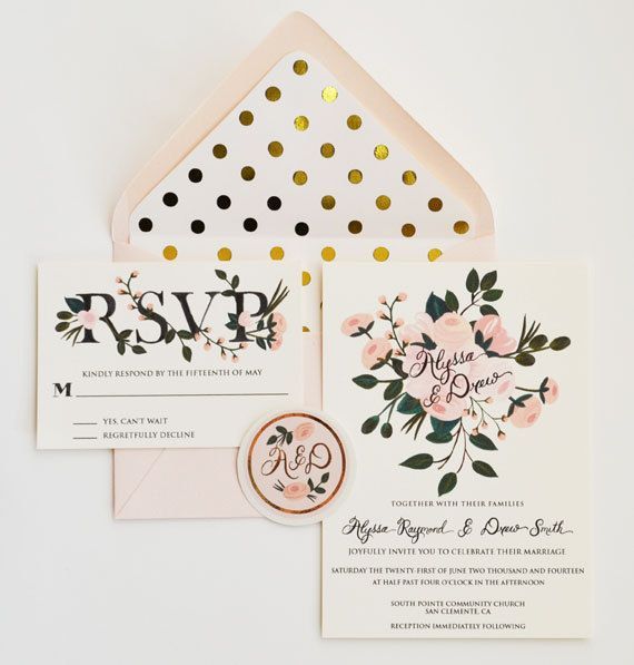 Свадьба - Custom Hand Painted Wedding Invitation Suite/Set Of 25 Gold And Blush Floral And Polka Dots