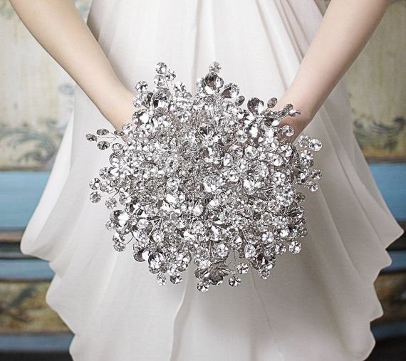 Hochzeit - Bridal Bouquet - Duo Bouquet Of Silver Mirrored Beads And Flowers - Wedding Bouquet - Fabulous Brooch Bouquet Alternative