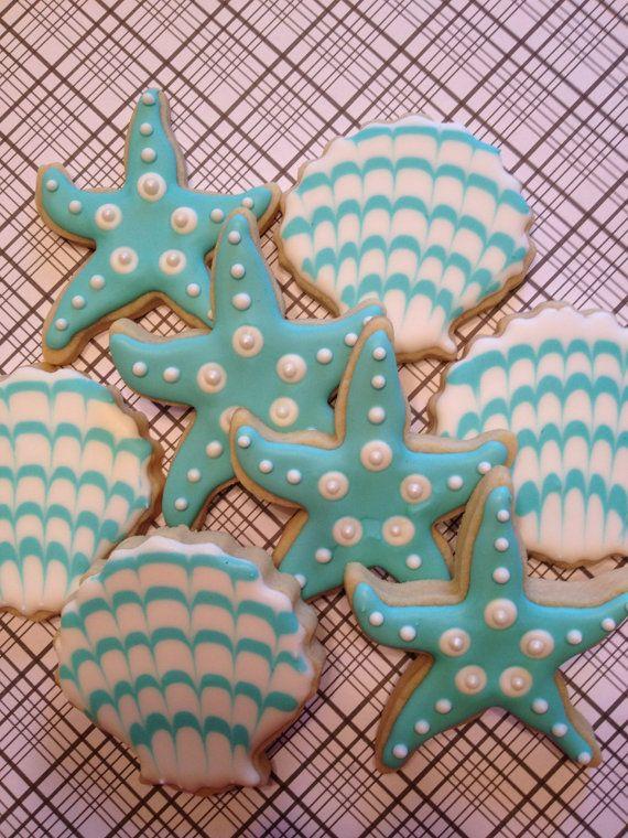 Wedding - 1 Doz Starfish & Seashell Decorated Sugar Cookies - Turquoise Aqua Wedding Favor - Beach Theme - Birthday Party