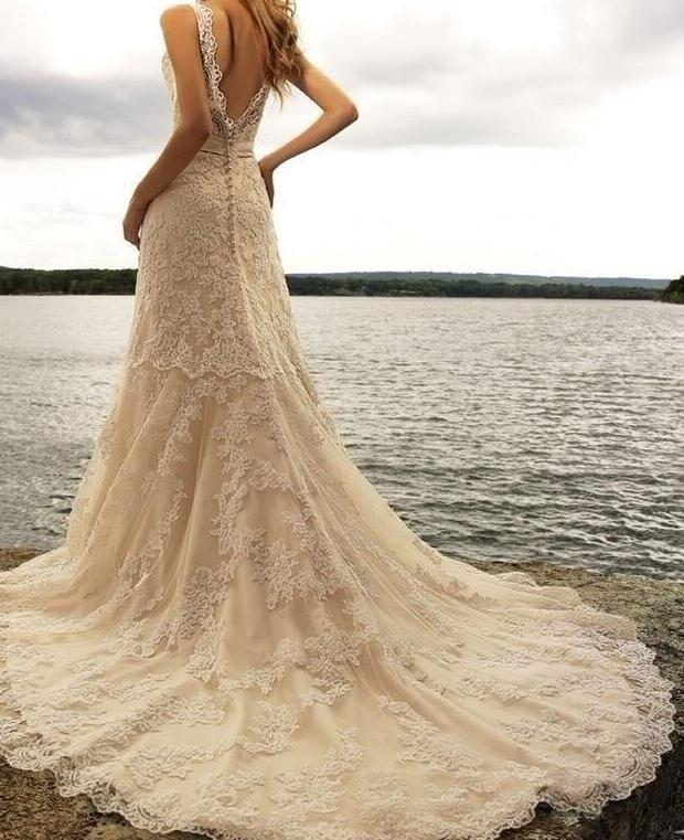 Hochzeit - New Lace V Neck Ivory Watteau Bead Sheath Wedding Dress/ Prom Gown