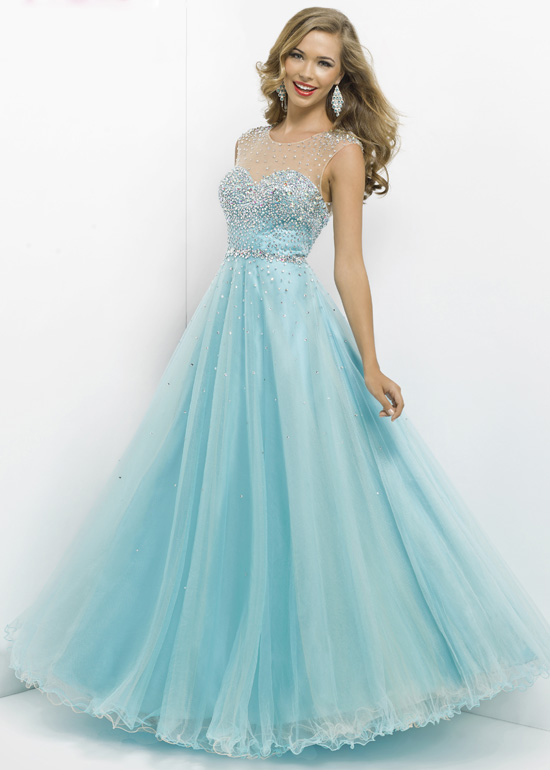 Wedding - Blue Sparkly Sheer Scoop Neck Open Back Sequined Ball Gown