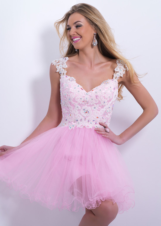 Hochzeit - Pink Straps Jeweled Lace Sexy Sheer Back Homecoming Dress