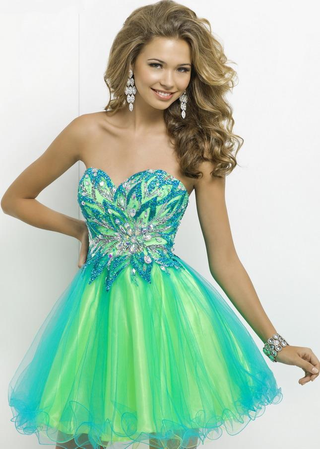Hochzeit - Turquoise Lime Rhinestone Beaded Top Two Tone Cocktail Dress