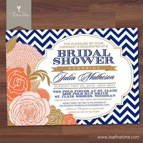 Mariage - Bridal Shower Invitation - "Chevron Rose" - Antique Floral - Vintage - Baby Shower, Peach, Coral, Royal, Navy, Blue, Gold (U Print)