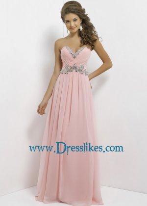 Wedding - Pink Long Strapless Crystals Beaded Pleated Chiffon Dress