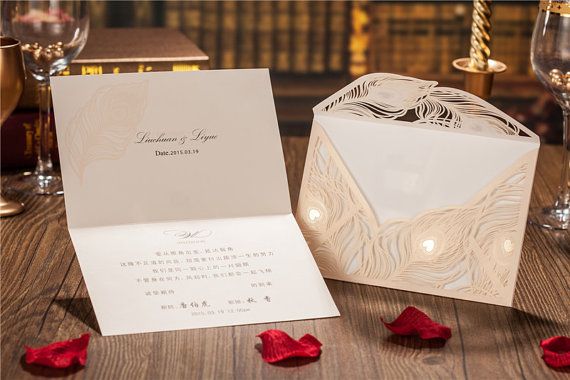 Mariage - 50 Pcs Wedding Invitation With Peacock Feather Design / Ship Worldwide 3-5 Days -- Set Of 50