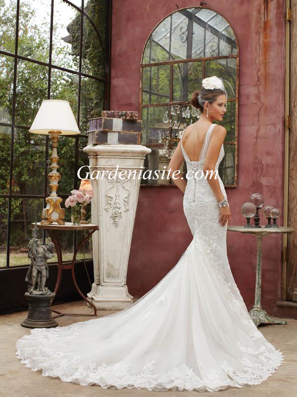 زفاف - Sheath/Column V-neck Chapel Train Appliques Shiny Crystals Tulle Wedding Dress 2014