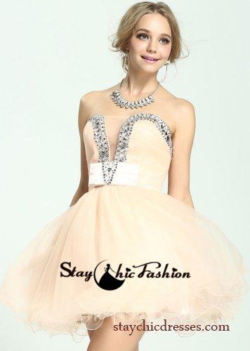 Wedding - Peach Short Ruched Jeweled Sheer Insert Neckline Strapless Prom Dress Online