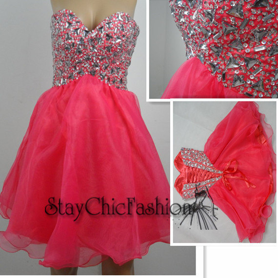 Mariage - Watermelon Short Rhinestone Top Strapless Lace Up Back Homecoming Dress 2014