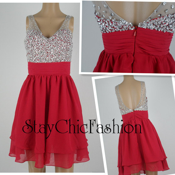 زفاف - Red Sequined Sheer V Neck Low Back Layered Prom Dress For Cheap