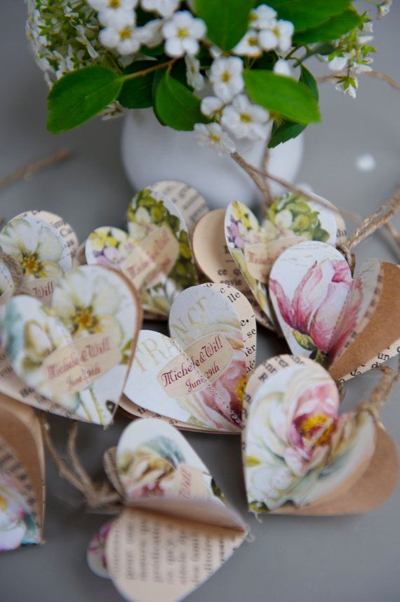 Wedding - Paper Hearts Baubles, PEONY And ROSES Hearts, 10 Paper Baubles, Heart Baubles, Wedding Favors, Bridal Shower, PERSONALIZED