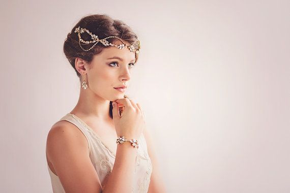 Hochzeit - Gatsby Bridal Headpiece, Gold Crystal Hairvine , The Daisy Couture Headpiece #11