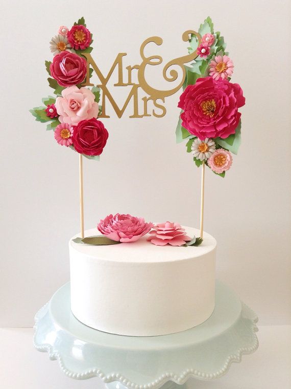 Hochzeit - Custom Wedding Paper Cake Topper Personalized With Your Text And Colors Bride & Groom Handmade Flowers