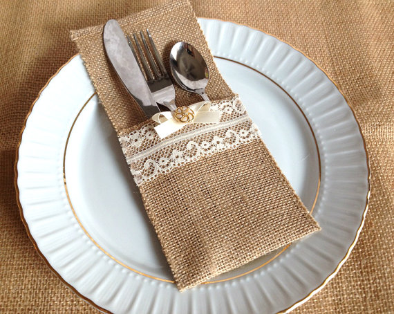 Wedding - 10 burlap and lace rustic silverware holder, wedding, bridal shower, tea party table decoration