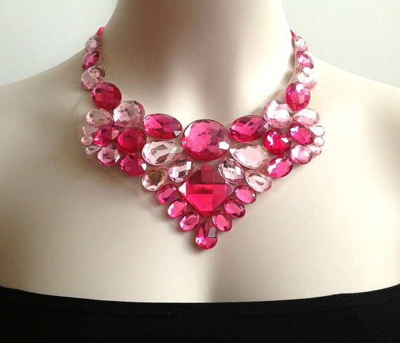 Wedding - pink bib necklace - hot pink, fuchisa and light pink bib necklace, prom, bridesmaids rhinestone unique bib necklace
