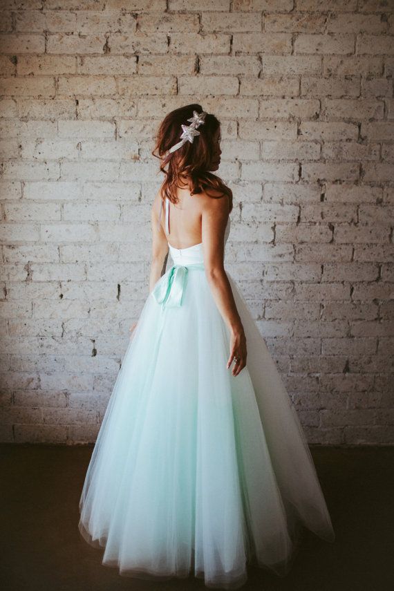 Wedding - Mint Deco Inspired Geometric Hand Pleated Sweetheart Floor Length Tulle Wedding Gown