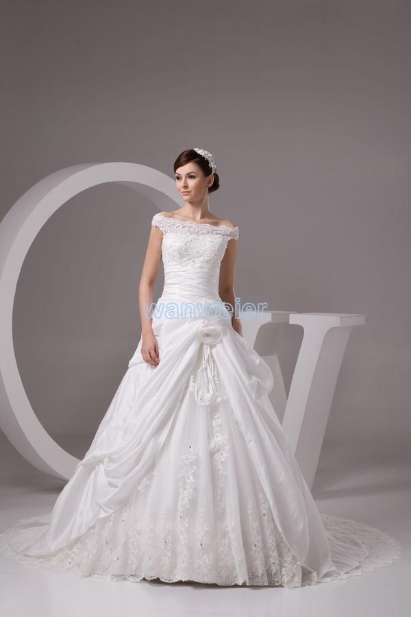 Hochzeit - Strapless Floor Length White A-line Taffeta Wedding Dress With Flowers