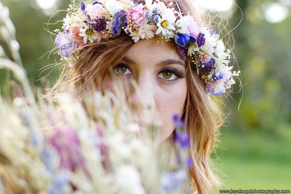 Hochzeit - Dried Flower Bridal Crown Floral Hair Wreath By Michele At AmoreBride Goddess Headdress Wedding Acessories Pink Blue Garland Halo Circlet