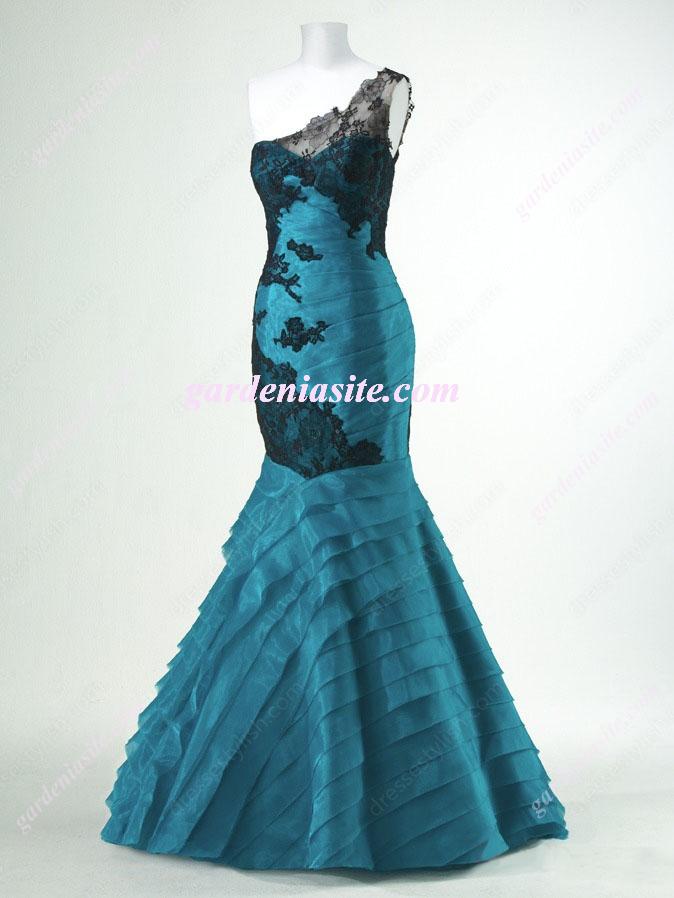 Hochzeit - Trumpet/Mermaid One Shoulder Champagne Lace Ruffled Organza Floor-length Dress