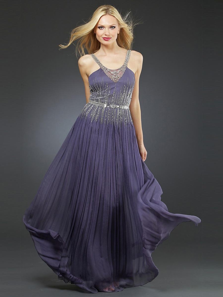 Mariage - Fashion V-Neckline Sequined Pleated Chiffon Floor Length Navy Prom Dresses