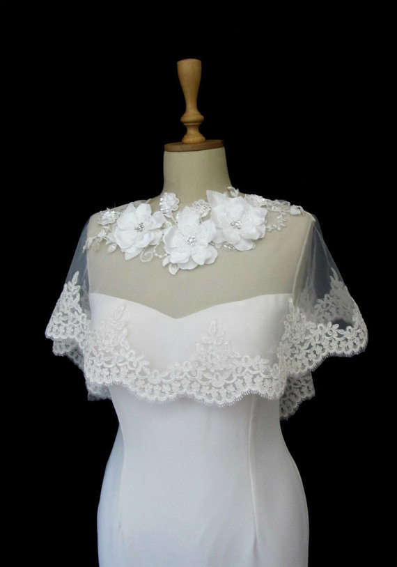 Hochzeit - Ivory Lace Bridal Cape Shawl Lace Shrug Wedding Wrap Scalloped Flower Neck Spring Summer Cover up
