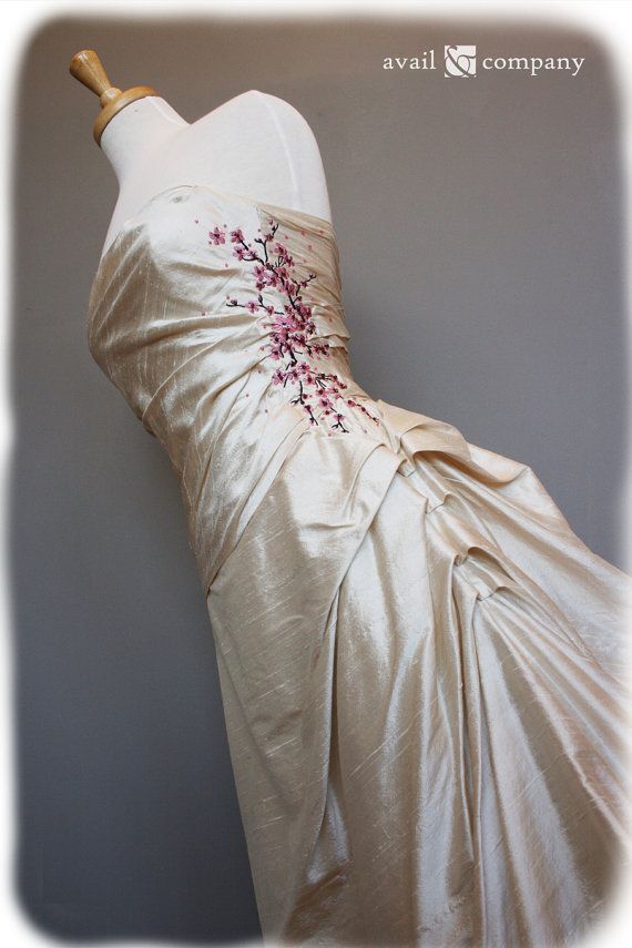 Mariage - Cherry Blossom Wedding Dress Pink And Brown On Pearl Silk Duppioni, Custom Made In Your Size
