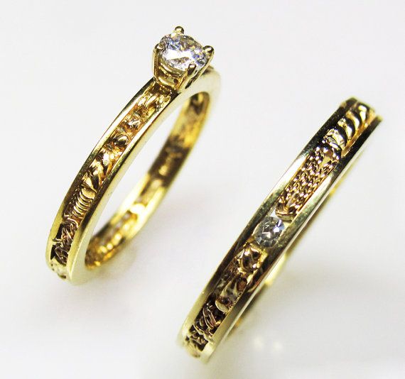 Wedding - Diamond And Gold Particle Engagement Ring And Wedding Band Set