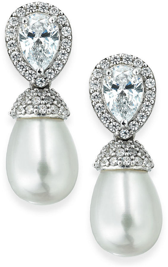 زفاف - Arabella Bridal Cultured Freshwater Pearl (7mm) and Swarovski Zirconia (2-1/4 ct. t.w.) Drop Earrings in Sterling Silver