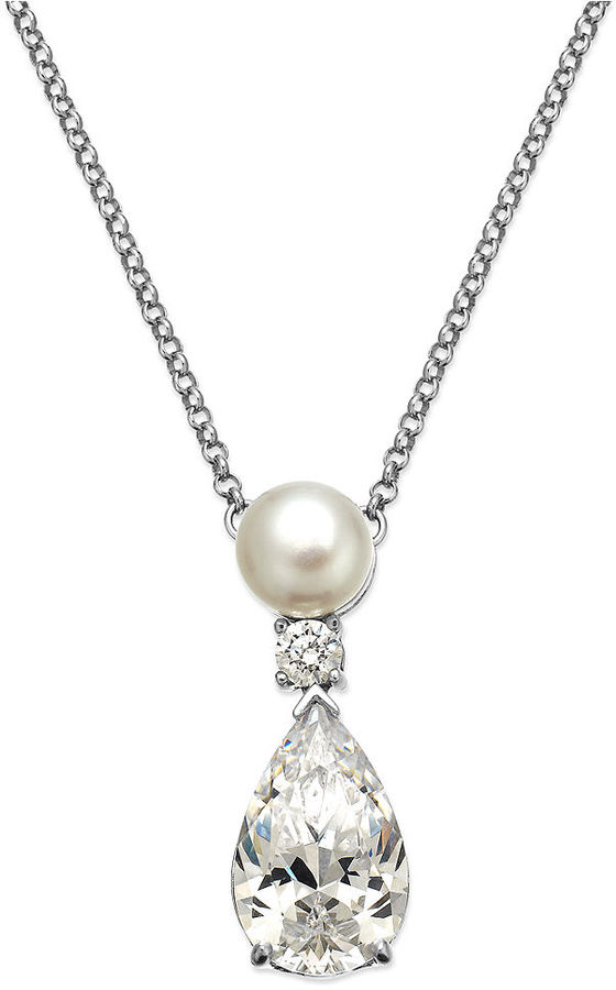 Mariage - Arabella Bridal Cultured Freshwater Pearl (7mm) and Swarovski Zirconia (7-9/10 ct. t.w.) Pendant Necklace in Sterling Silver