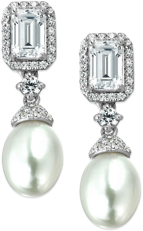 Hochzeit - Arabella Bridal Cultured Freshwater Pearl (7mm) and Swarovski Zirconia (3-1/6 ct. t.w.) Earrings in Sterling Silver