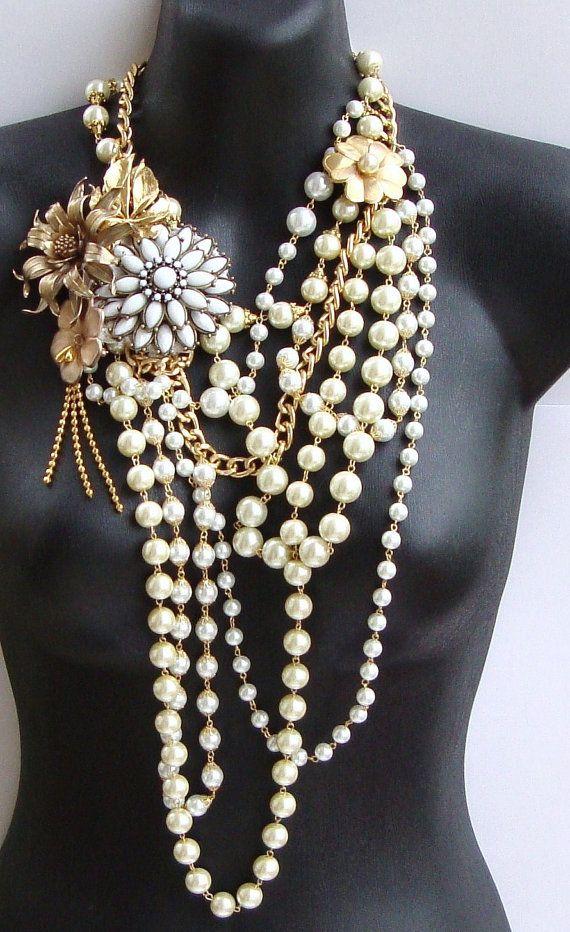 زفاف - Vintage Pearl- Vintage Enamel Flower And Pearl Statement Necklace By Ashlee Collection On Etsy- Bridal Jewelry