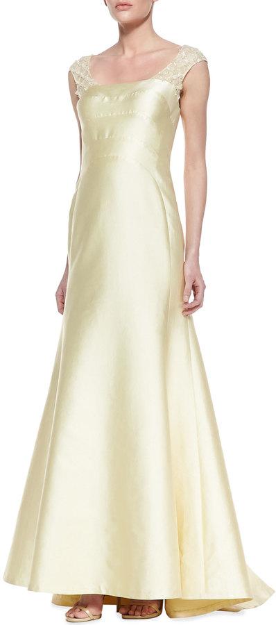 زفاف - Kay Unger New York Lace Sleeve & Back Mermaid Gown, Butter