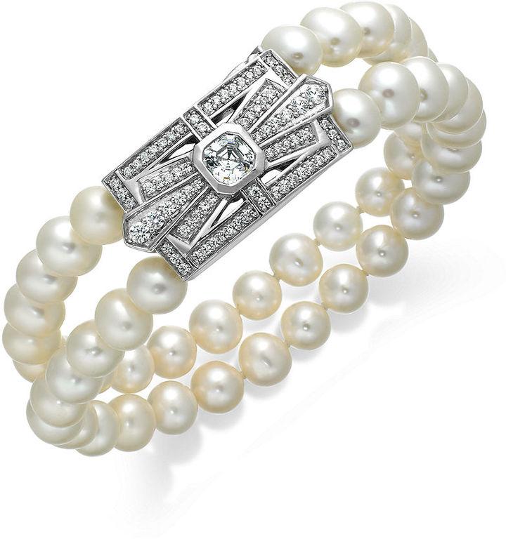 Wedding - Arabella Bridal Cultured Freshwater Pearl (6-1/2mm) and Swarovski Zirconia (2-3/4 ct. t.w.) Two-Row Bracelet in Sterling Silver