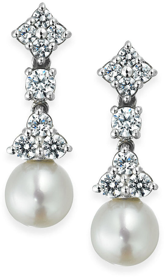 Wedding - Arabella Bridal Cultured Freshwater Pearl (7mm) and Swarovski Zirconia (1-5/8 ct. t.w.) Drop Earrings in Sterling Silver