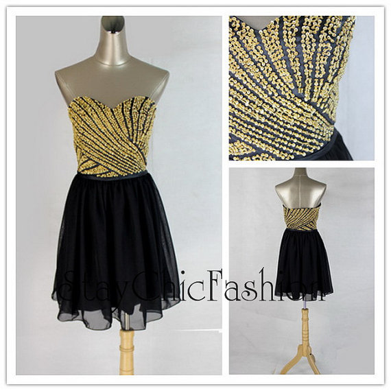 Wedding - Gold Black Strapless Striped Beaded Top Short Homecoming Dress