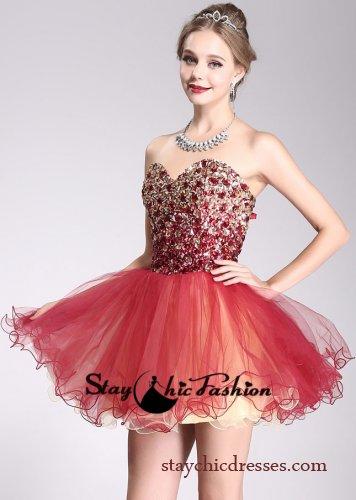 Свадьба - Sparkly Gold Red Rhinestone Beaded Top Short Strapless Two Tone Dress 2015