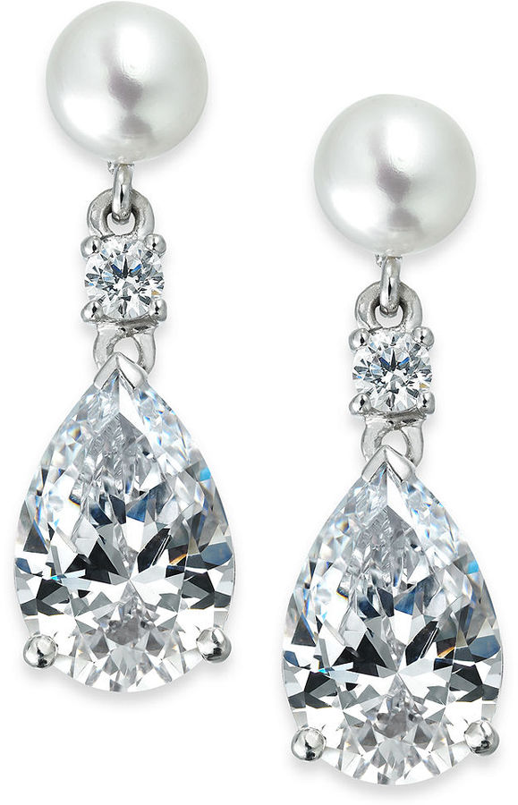 Hochzeit - Arabella Bridal Cultured Freshwater Pearl (6mm) and Swarovski Zirconia (11 ct. t.w.) Teardrop Earrings in Sterling Silver