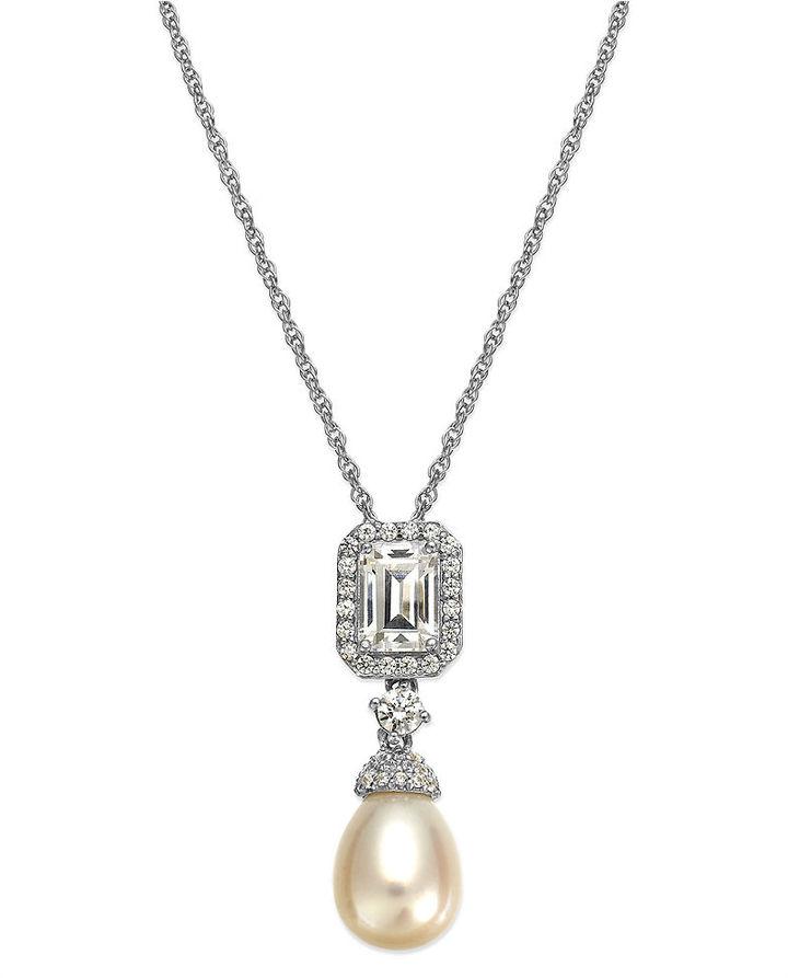 Hochzeit - Arabella Bridal Cultured Freshwater Pearl (6mm) and Swarovski Zirconia (2-3/8 ct. t.w.) Pendant Necklace in Sterling Silver