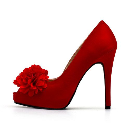 Wedding - Red Satin Wedding Shoes With Fabric Flowers