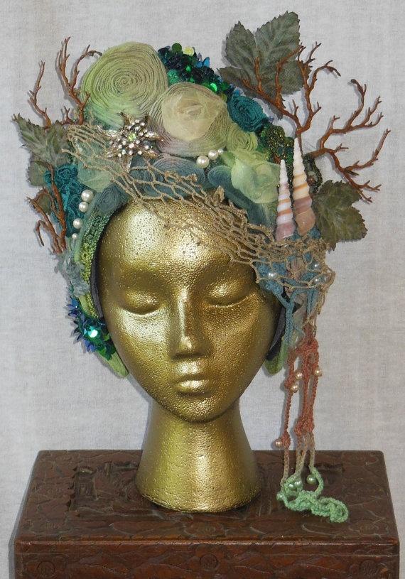 Hochzeit - Hand Dyed Mermaid Sea Goddess Fantasy Headdress Headpiece Tiara Hat Crown Shells Pearts Sequins Costume
