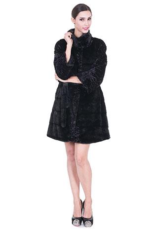 Wedding - Black faux mink cashmere with astrakhan women middle-length coat