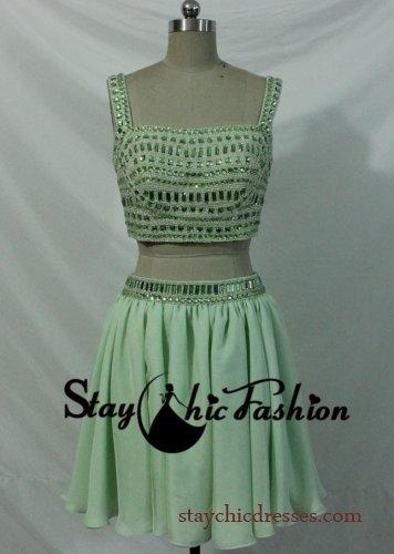 Mariage - Lime Short Rhinestone Beaded Two Pieces Chiffon Prom Dress For Sale