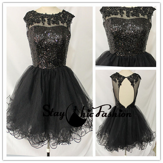 Wedding - Black Sequined Top Lace Applique Sheer Neck Ruched Open Back Prom Dress