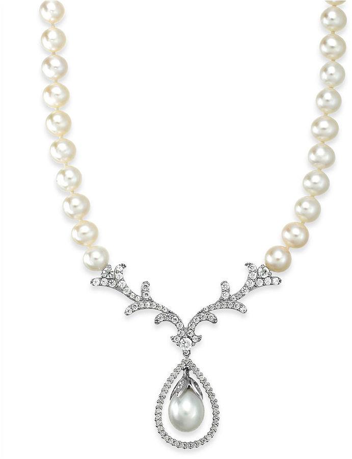 Mariage - Arabella Bridal Cultured Freshwater Pearl (8mm) and Swarovski Zirconia (2-1/5 ct. t.w.) Necklace in Sterling Silver