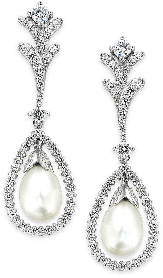 Hochzeit - Arabella Bridal Cultured Freshwater Pearl (7mm) and Swarovski Zirconia (2 ct. t.w.) Drop Earrings in Sterling Silver